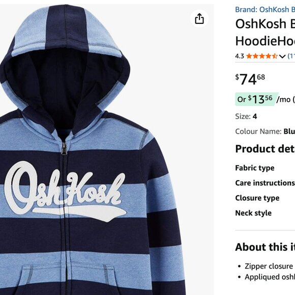 OshKosh B'Gosh Boys Full Zip Logo Blue Stripe Hoodie Sweatshirt - Picture 5 of 5